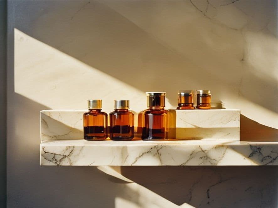 Three amber pharmaceutical vials with gold caps precisely aligned on a cream marble shelf in morning light — the apothecary aesthetic of the Agonist library.