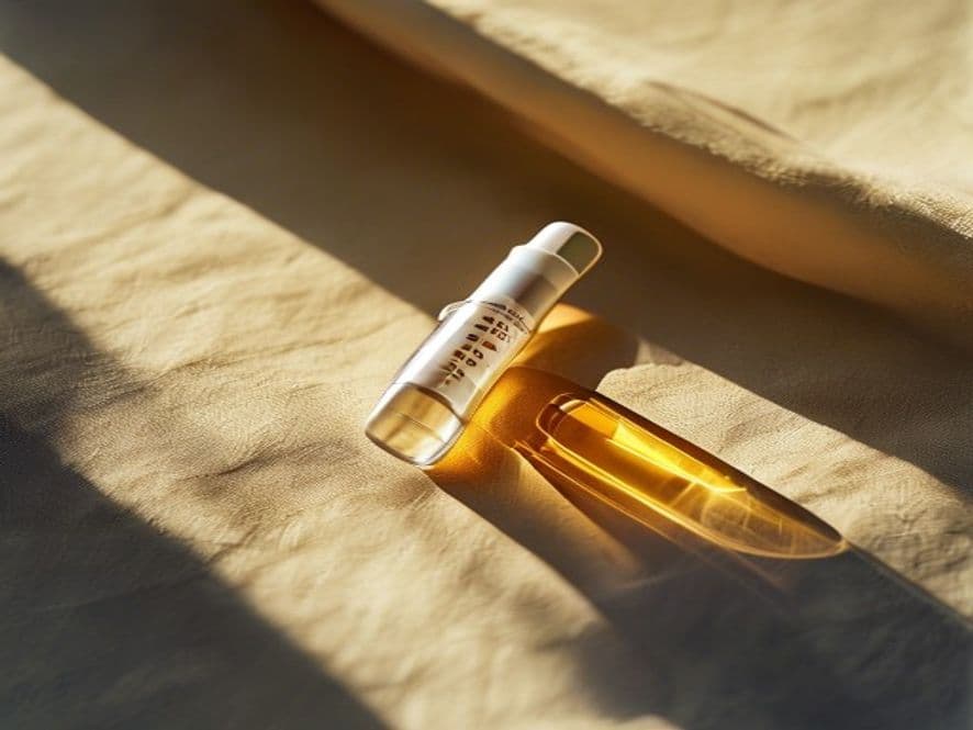A single lyophilized peptide vial casting an amber-glass shadow on raw cream linen, shot in 6am golden light — the morning ritual the app honors.