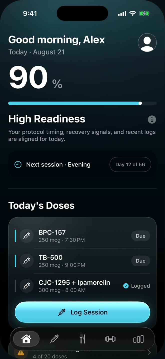 Agonist Today screen greeting Alex, showing scheduled sessions and a fully visible Log Session button